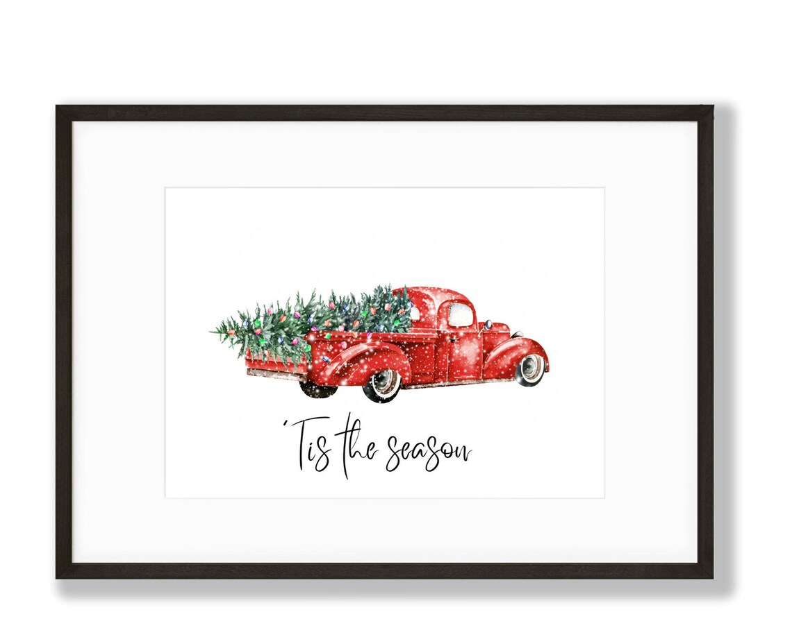 Tis The Season Red Pickup Truck Tree Watercolor Christmas Poster