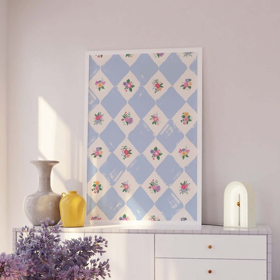 Vintage Floral Pattern Print Art Checker Wall Art Grandmillennial Floral Art Print Cute Trendy Wall Art