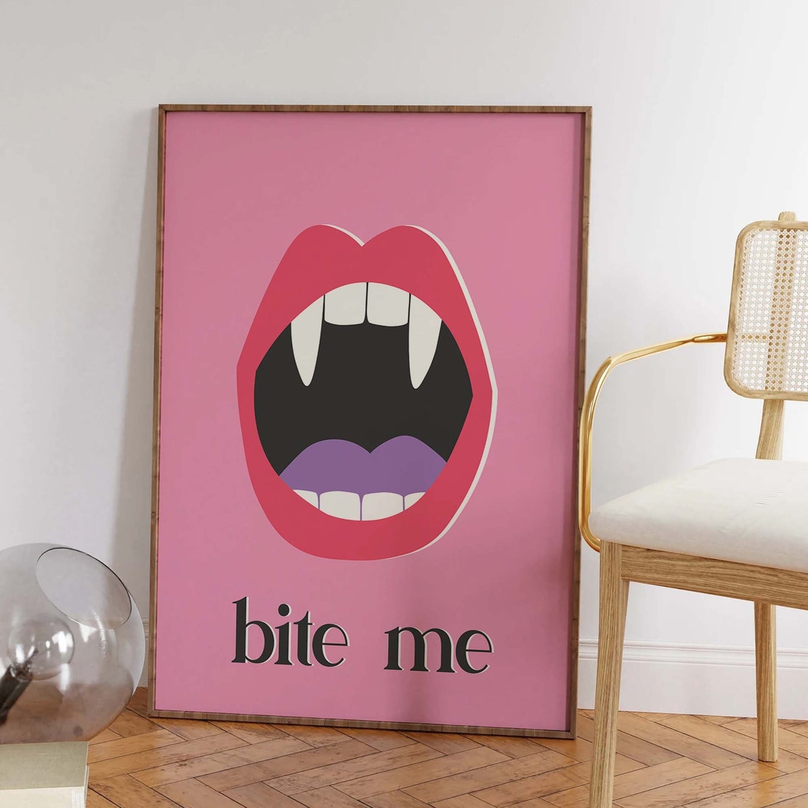 Bite Me Vampire Fangs Red Lips Pop Art Pink Halloween Wall Art - Image 6