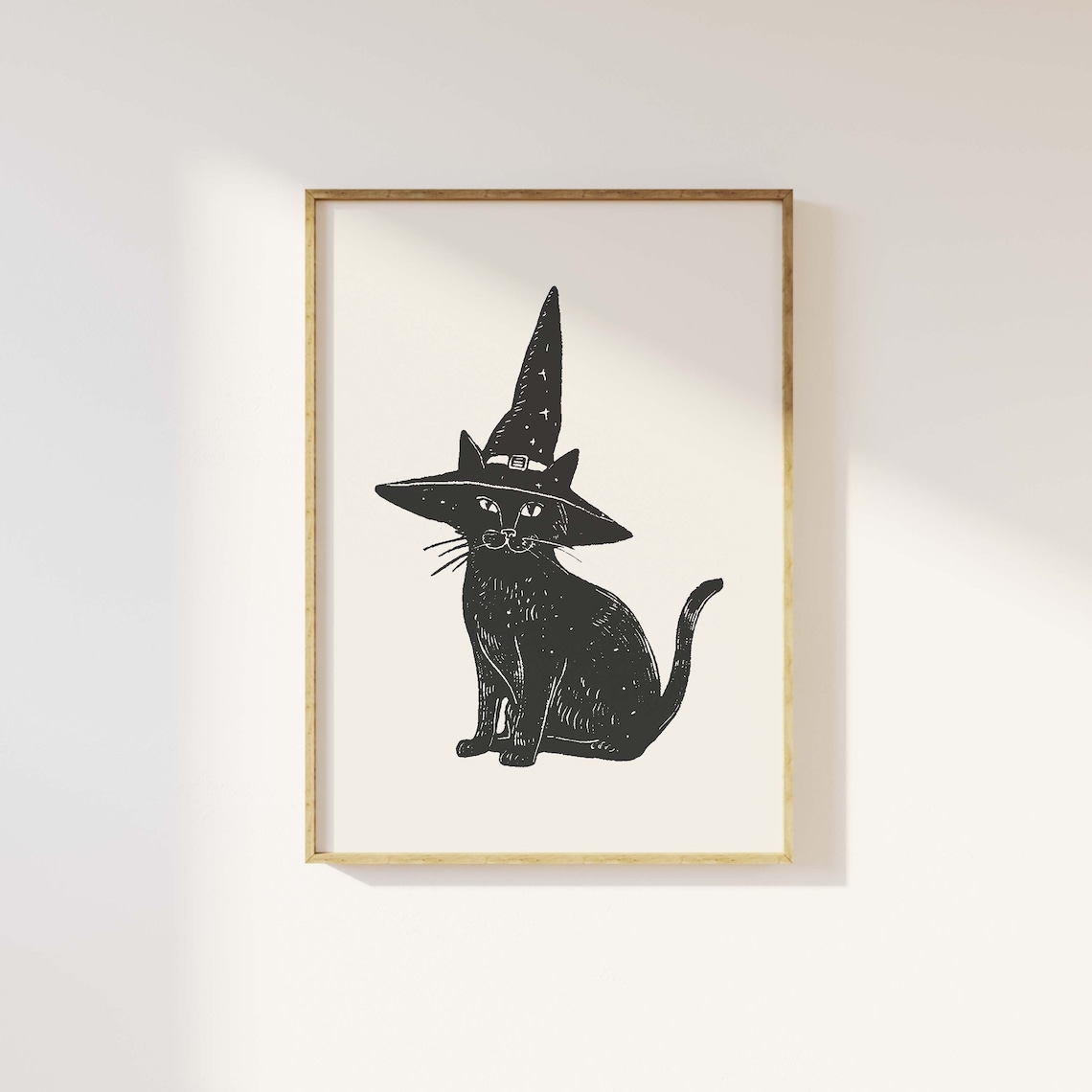 Black Cat Witch Hat Block Style Vintage Halloween Cat Art Poster - Image 3