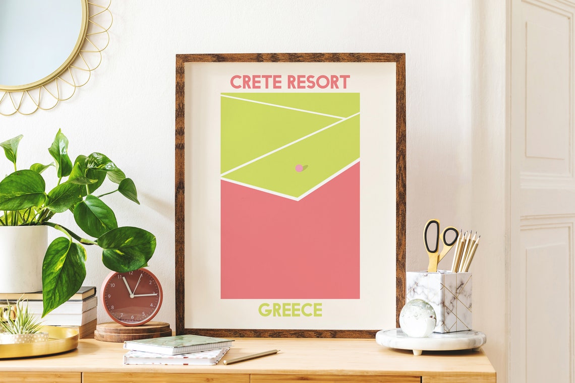 Crete Resort Greece Abstract Tennis Court Green Pink Art Poster