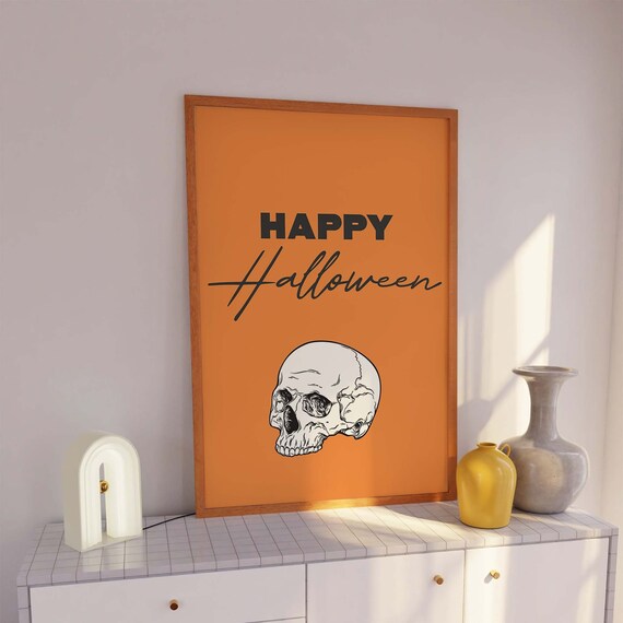 Happy Halloween Cute Skull Orange Black Script Spooky Decor Poster