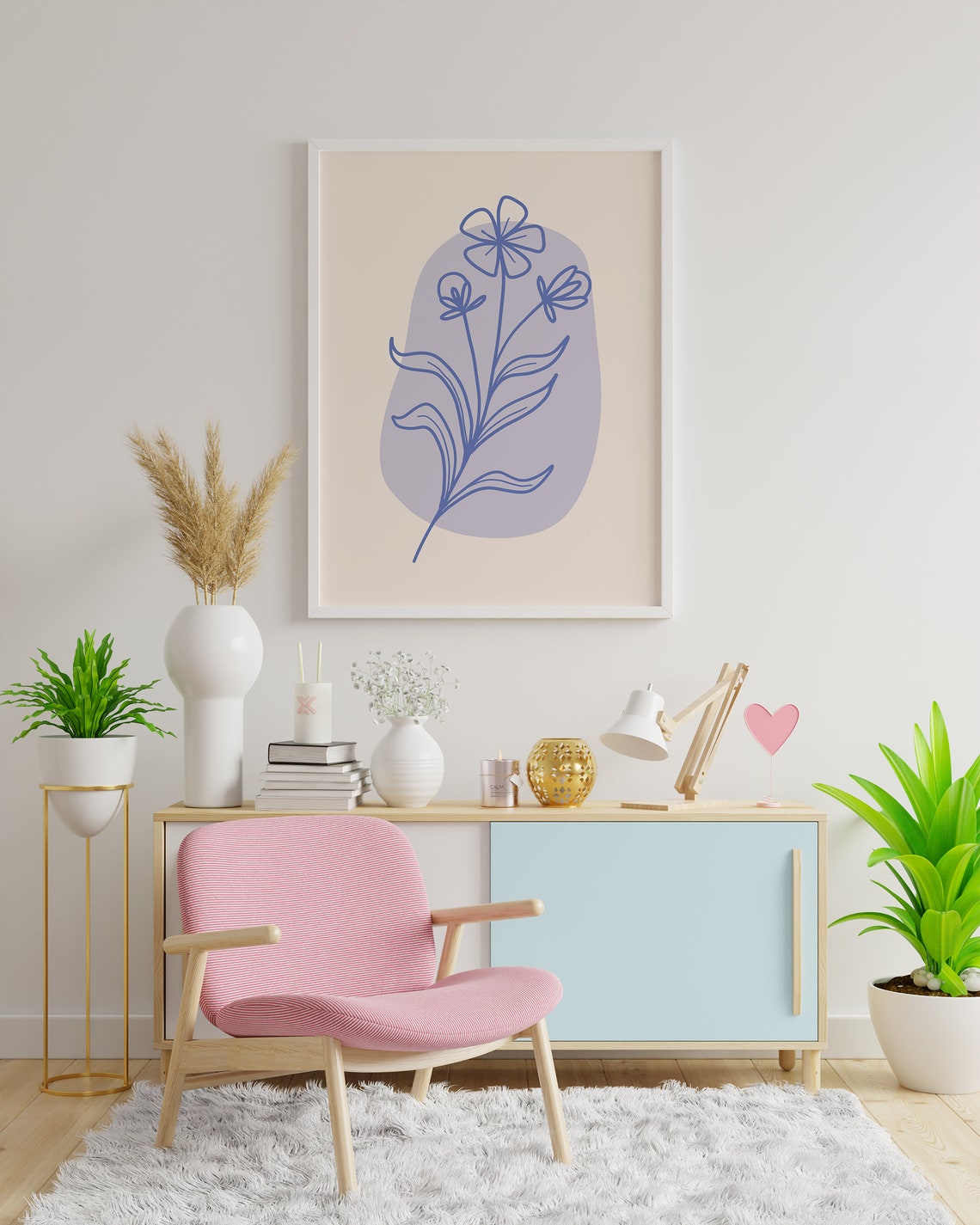 Blue Floral Line Art Poster with Periwinkle Bloom and Leaves Design - Image 4
