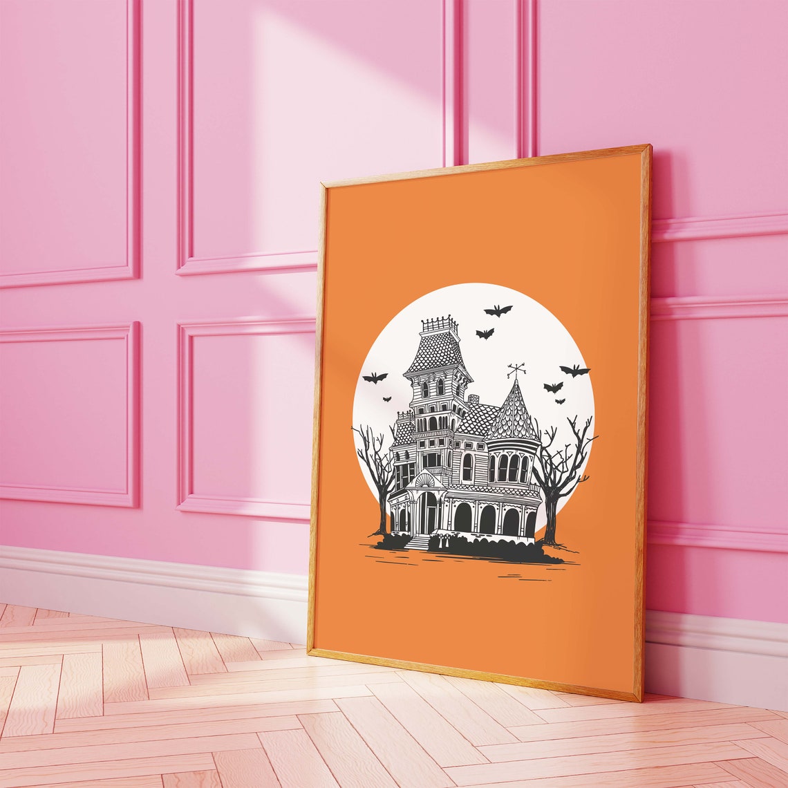 Haunted House Under Full Moon Bats Vintage Orange Halloween Poster - Image 4
