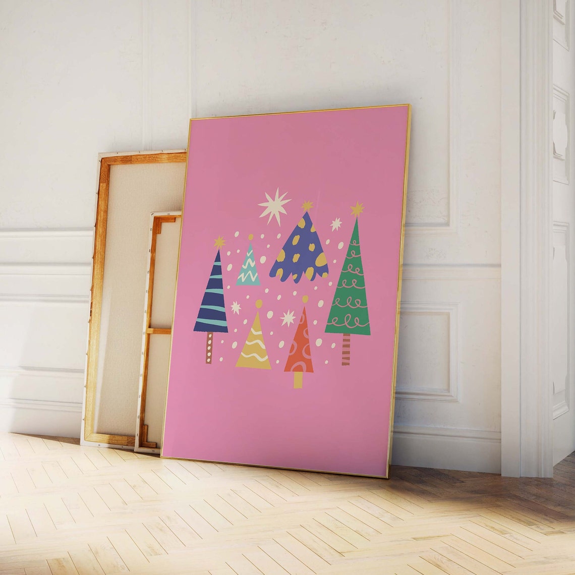 Six Colorful Patterned Christmas Trees Pink Retro Holiday Poster - Image 4