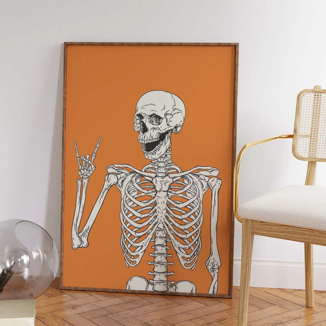 Laughing Skeleton Peace Sign Anatomical Orange Halloween Wall Art - Image 3
