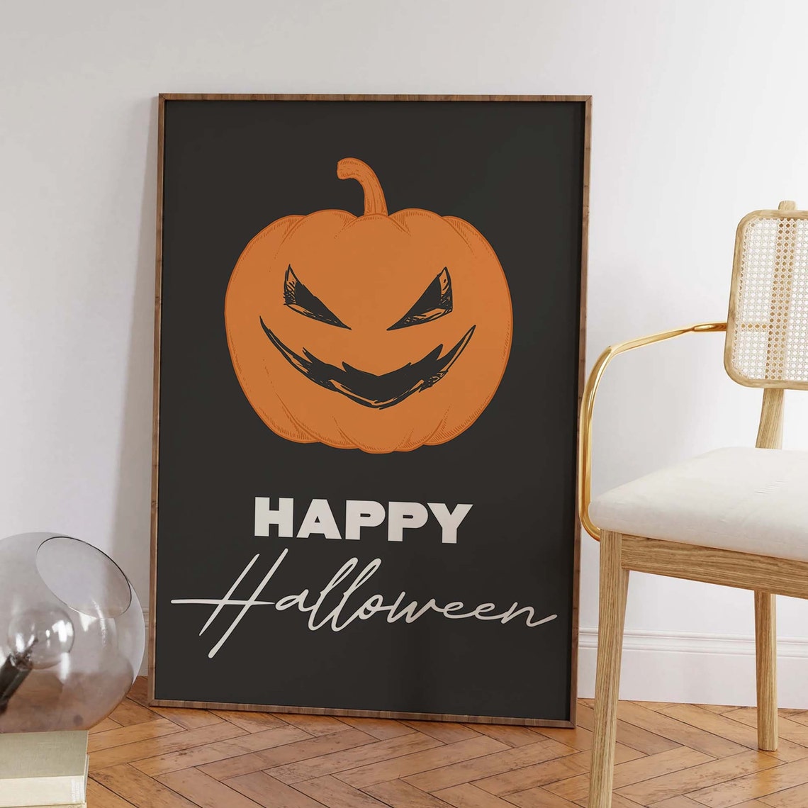 Happy Halloween Jack O Lantern Grinning Pumpkin Black Wall Art - Image 6