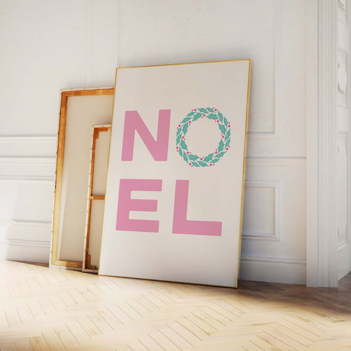 Noel Pink Typography Holly Wreath Letter O Christmas Word Wall Print - Image 4