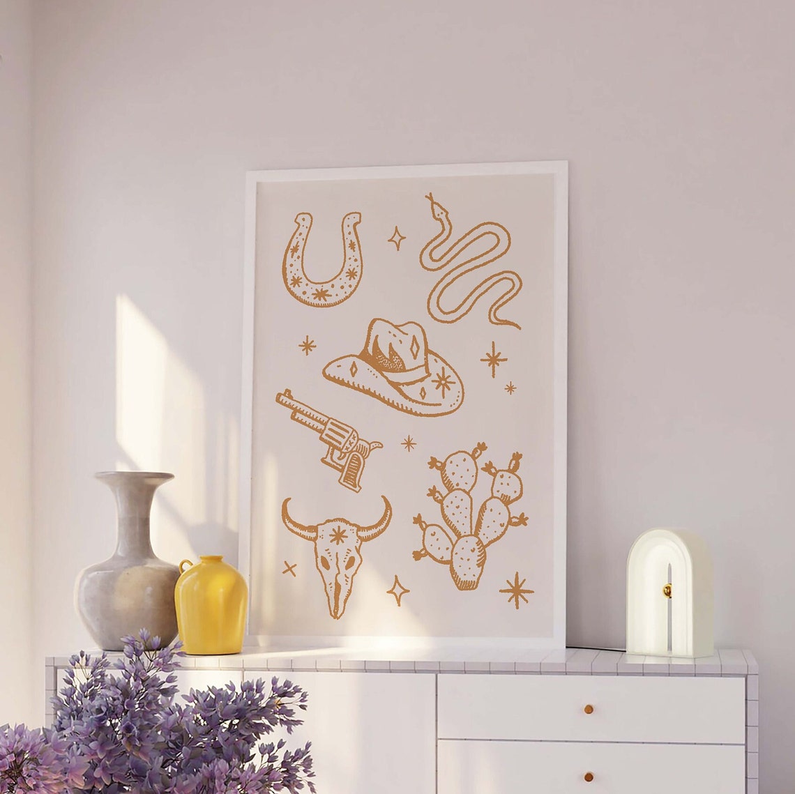 Tan Western Icons Line Art Cowboy Hat Cactus Bull Skull Wall Print - Image 2