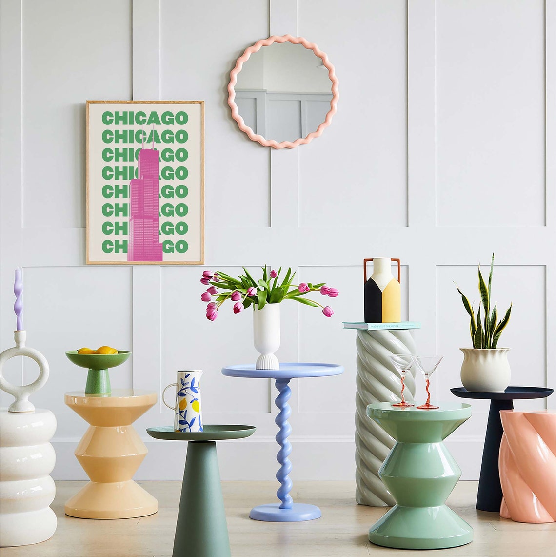 Chicago Willis Tower Pink Green Bold Skyline Graphic Art Poster - Image 5
