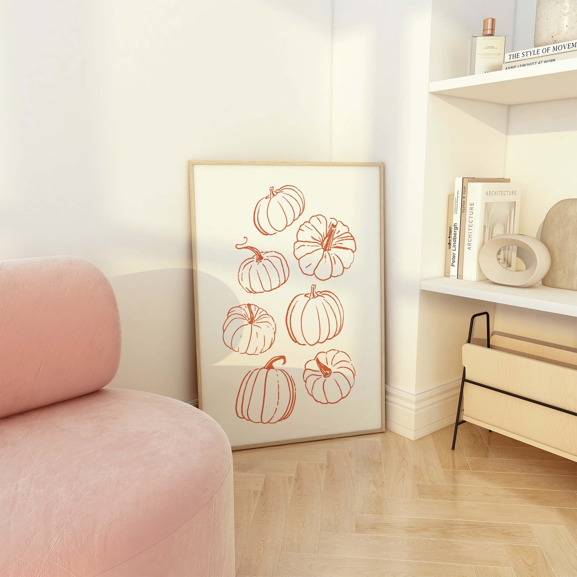 Orange Pumpkin Line Drawings Rustic Fall Art Wall Decor Poster - Image 2