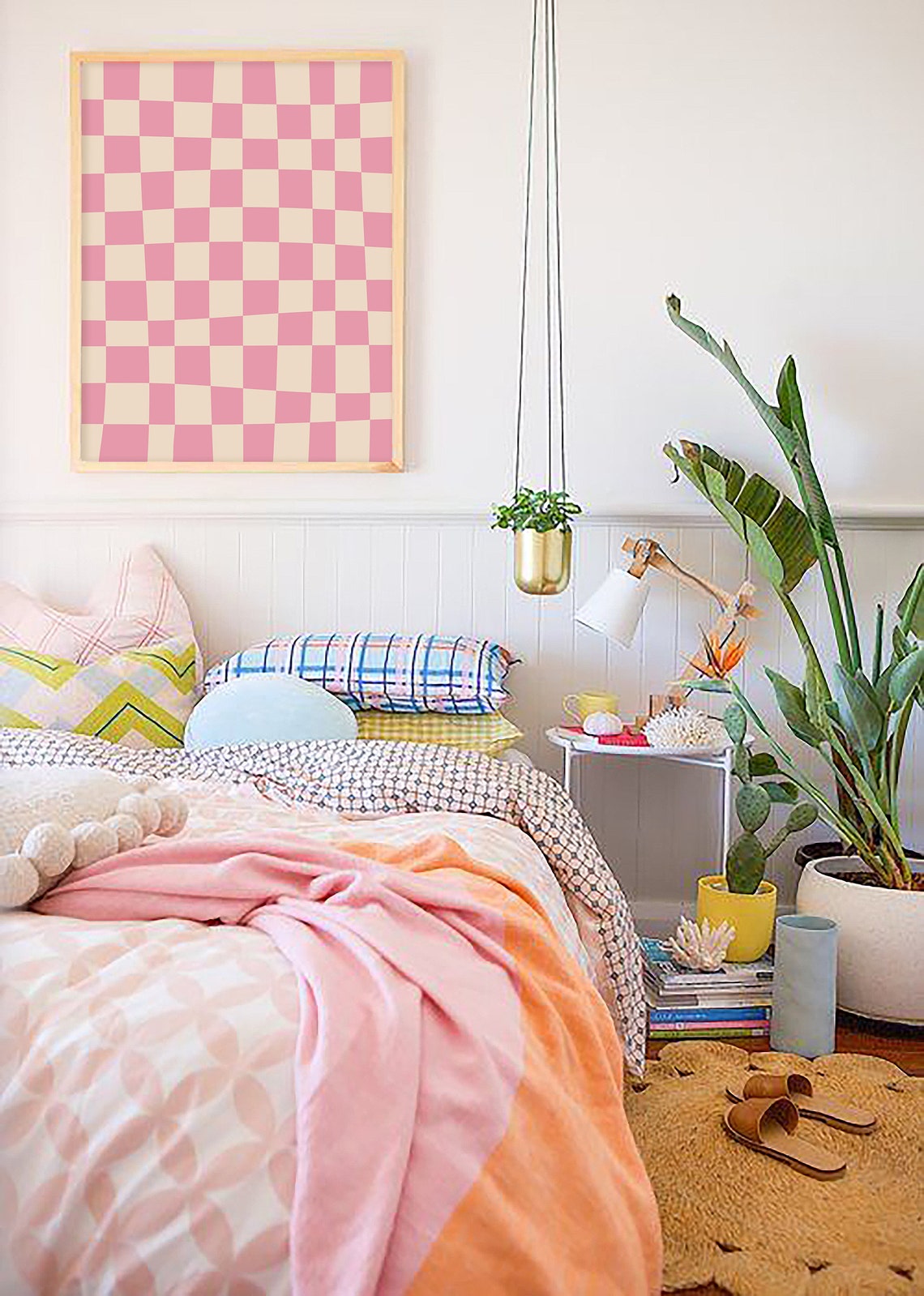 Pink And Cream Checkered Grid Trendy Retro Abstract Art Poster - Image 4