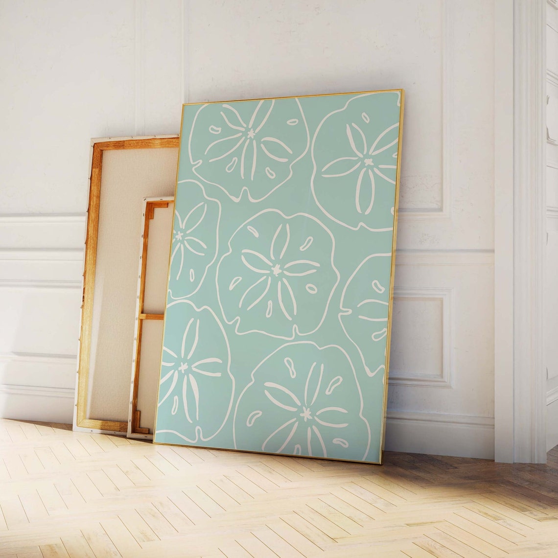 Mint Sand Dollar Pattern White Line Art Coastal Beach Poster - Image 4