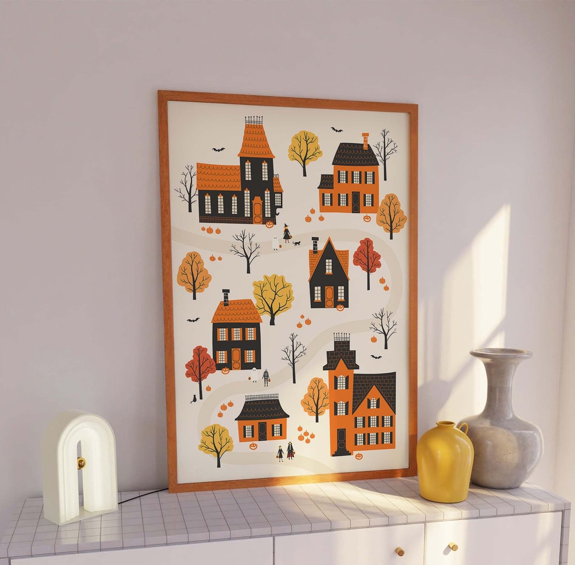 Cozy Halloween Village Haunted Houses Art Poster for Spooky Decor - Image 2