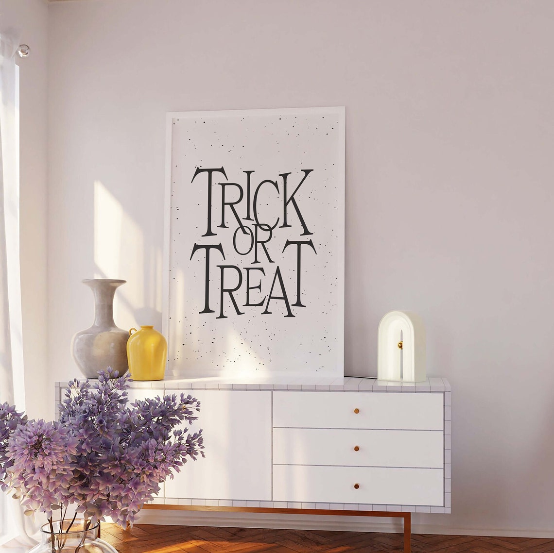 Trick Or Treat Minimal White Halloween Quote Wall Decor Poster - Image 2