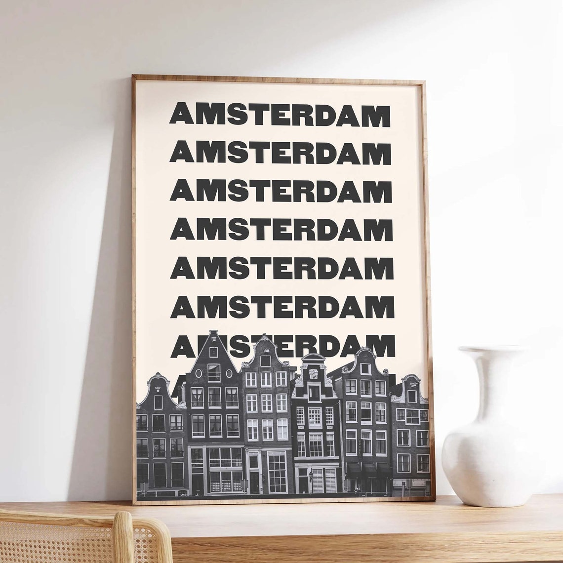 Amsterdam Repeated Text Black And White Canal Houses Travel Poster - Image 2