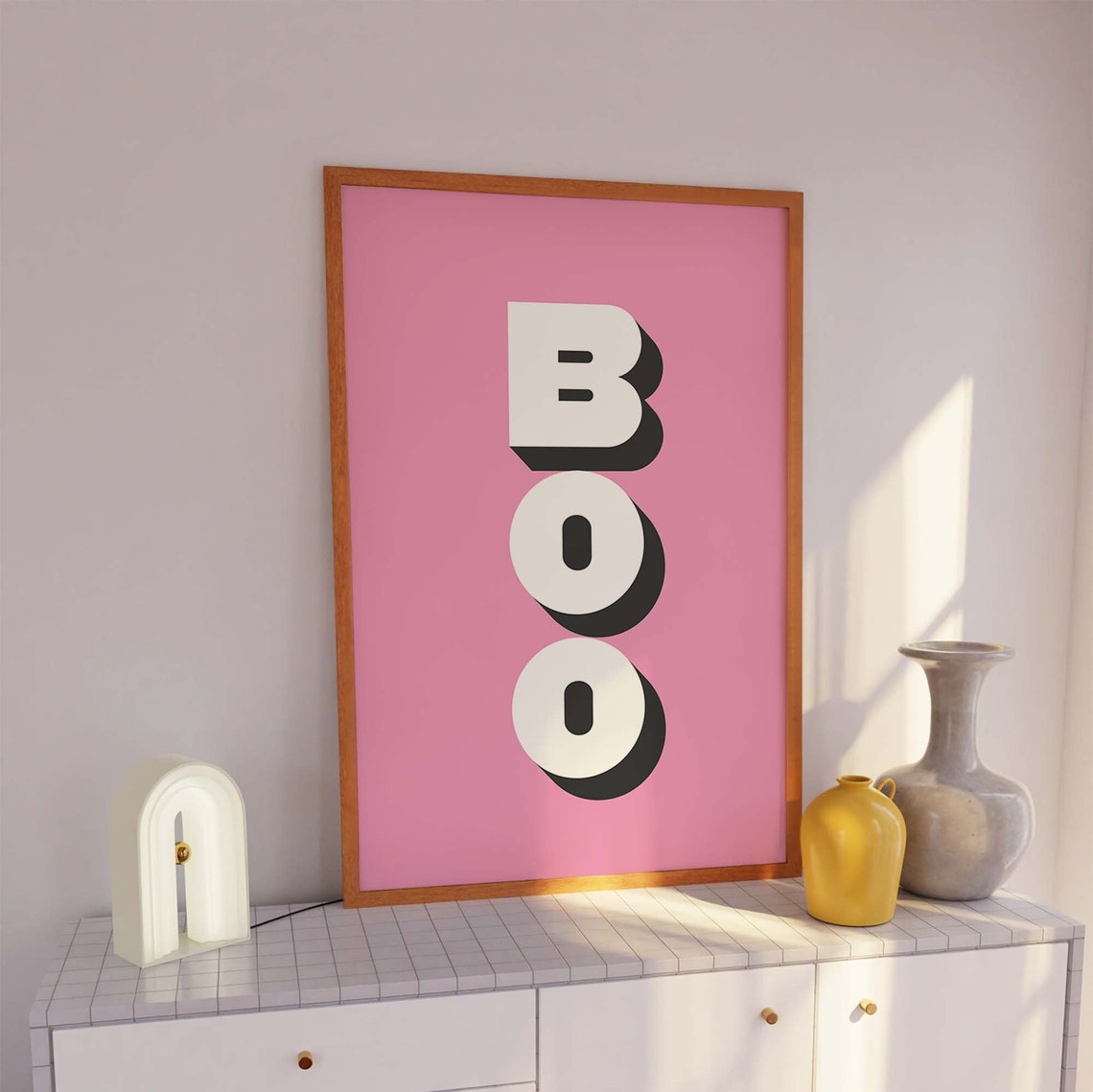 Vertical Retro Boo Lettering Shadowed Pink Halloween Wall Art - Image 3