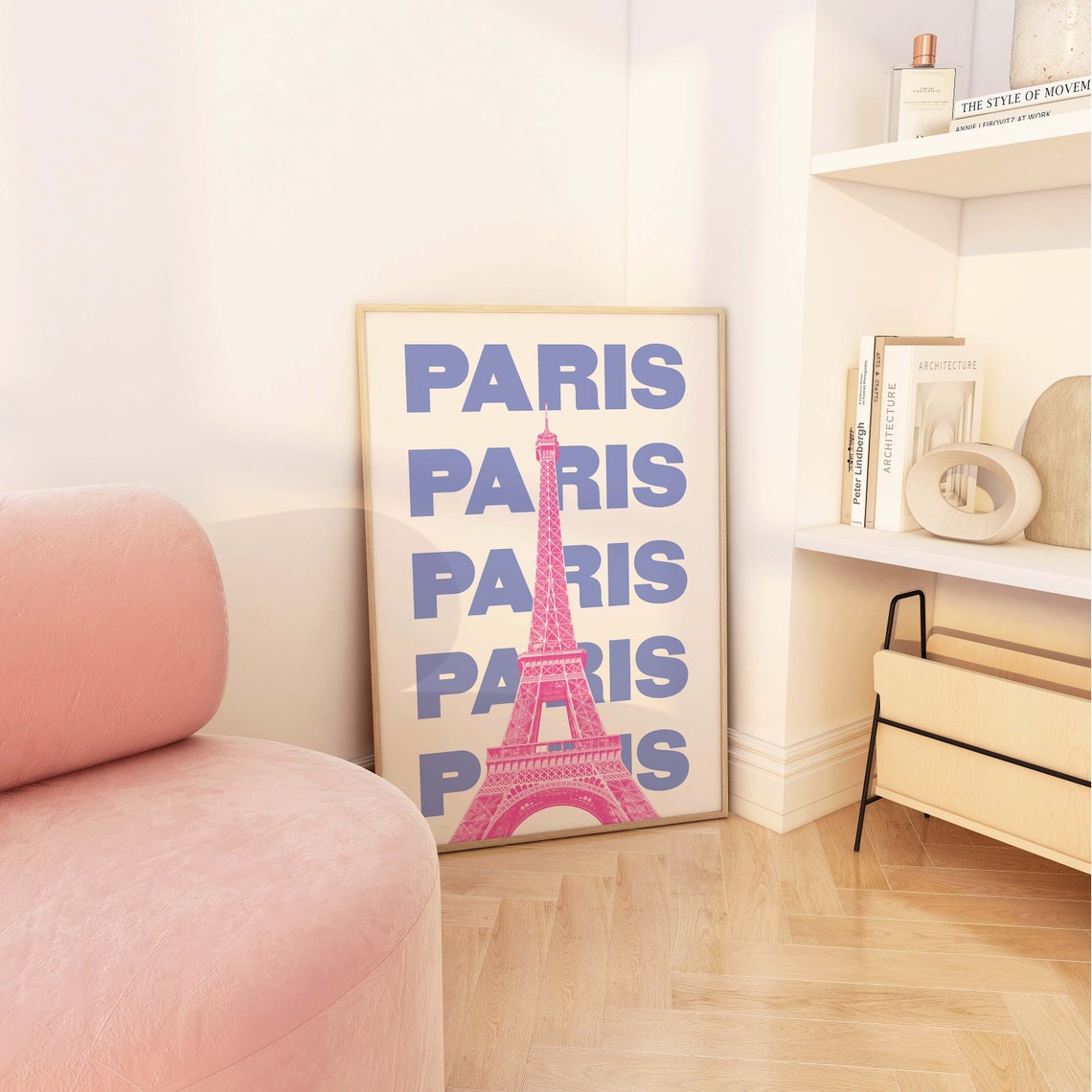 Paris Eiffel Tower Poster with Pink Tower and Bold Blue Typography - Image 2