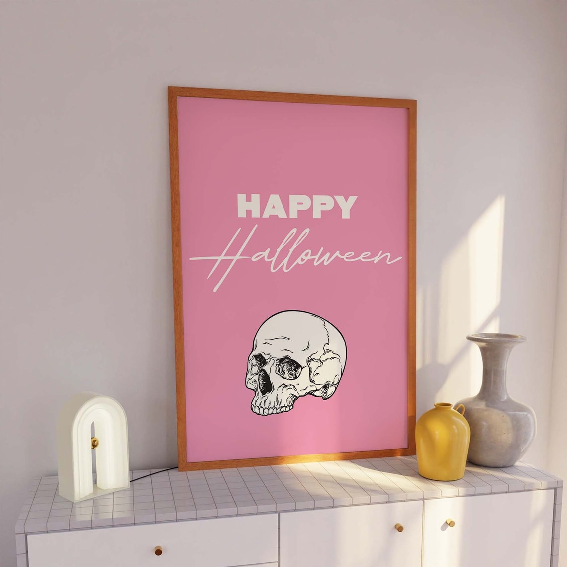 Happy Halloween Skull Script Lettering Pink Gothic Style Wall Art - Image 3