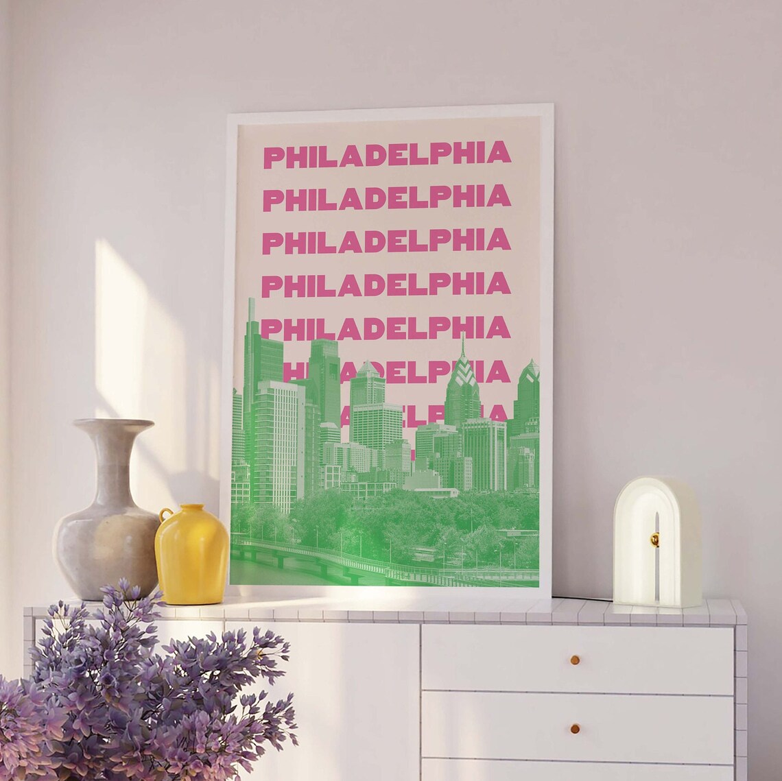 Philadelphia Skyline Pink Green City Art Poster for Pennsylvania Decor - Image 3