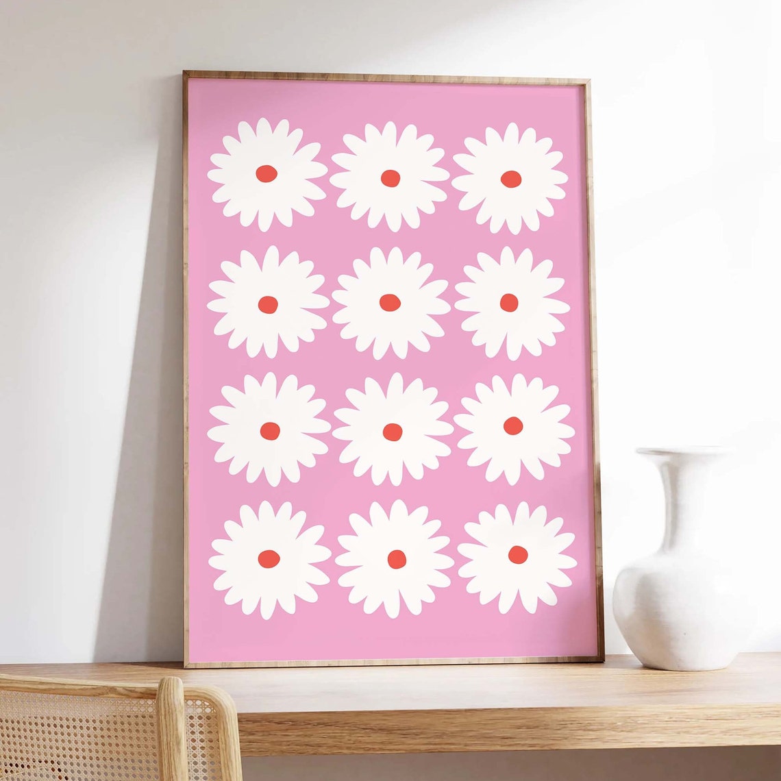 White Daisy Grid Soft Pink Background Retro Floral Art Poster - Image 6