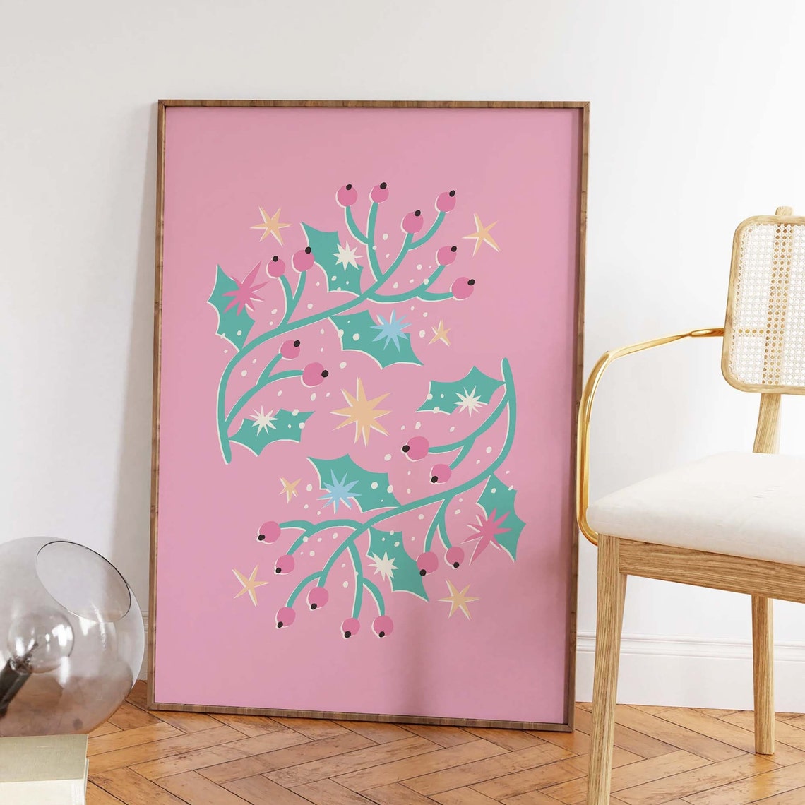 Pink Holly Branch with Berries Retro Christmas Botanical Poster - Image 3
