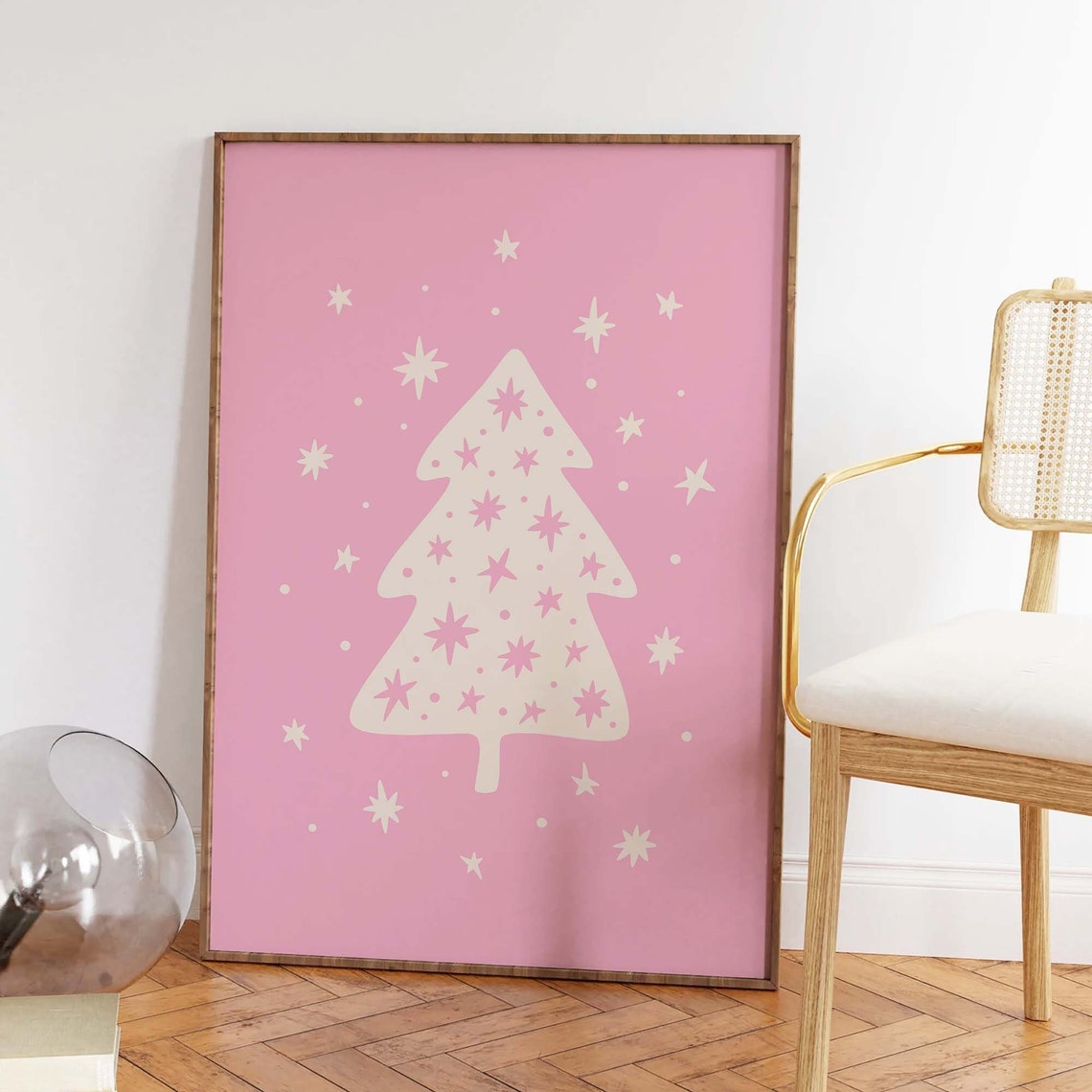 White Christmas Tree on Pink Starry Retro Holiday Cute Poster - Image 2