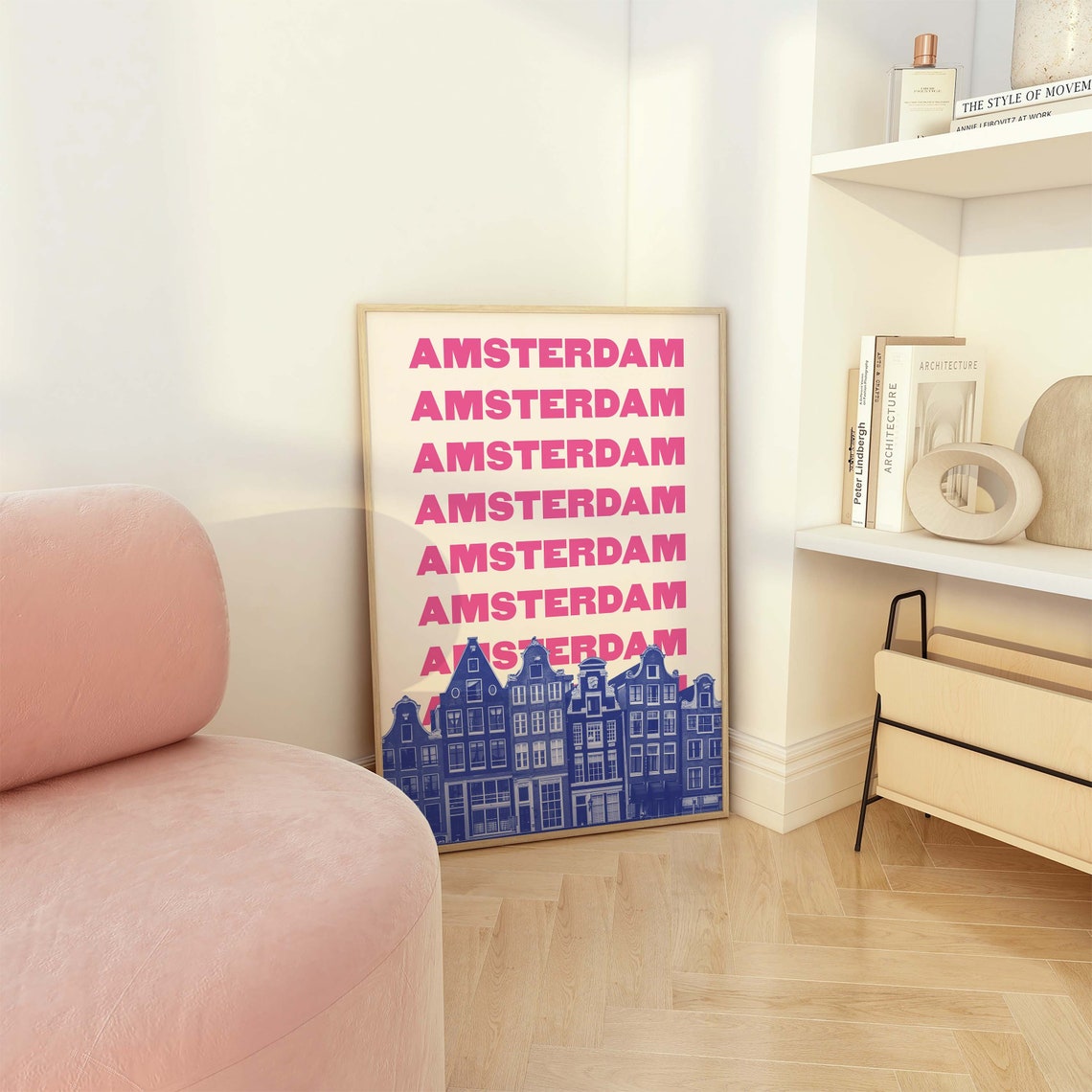 Amsterdam Repeated Pink Typography Blue Canal Houses Travel Poster - Image 4