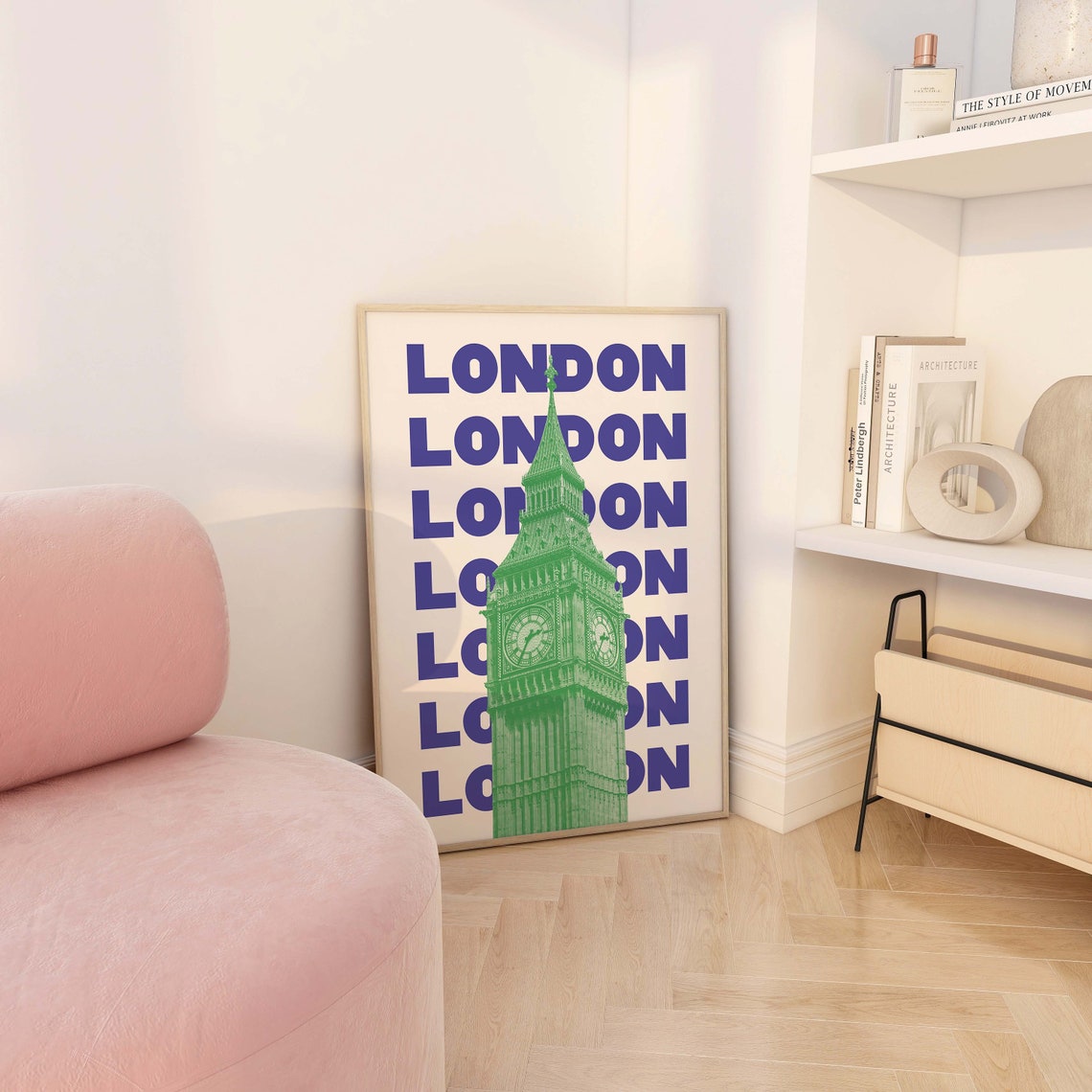 London Big Ben Clock Tower Poster with Green Tower Blue Typography - Image 3
