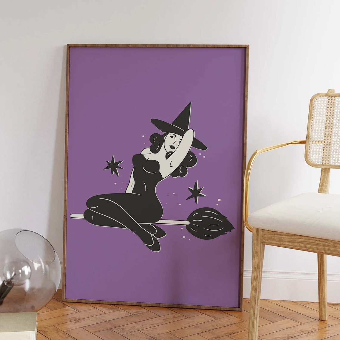 Pin Up Witch Riding Broom Purple Cute Retro Halloween Art Poster - Image 2