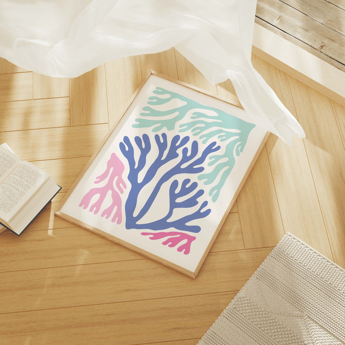 Blue Pink Teal Abstract Coral Seaweed Ocean Poster For Coastal Decor - Image 4