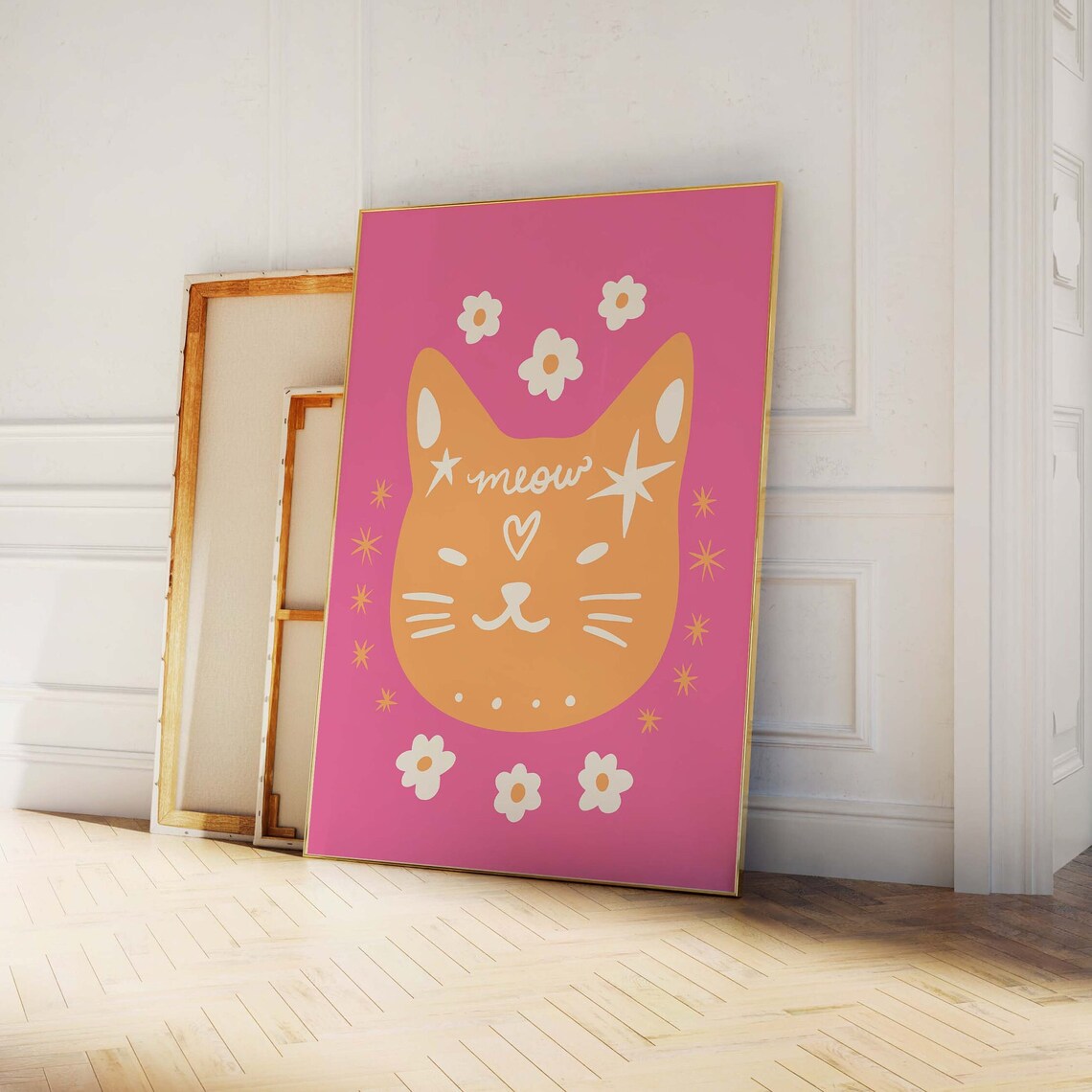 Pink Cat Face Meow Retro Kitty With Flowers And Stars Wall Print - Image 4
