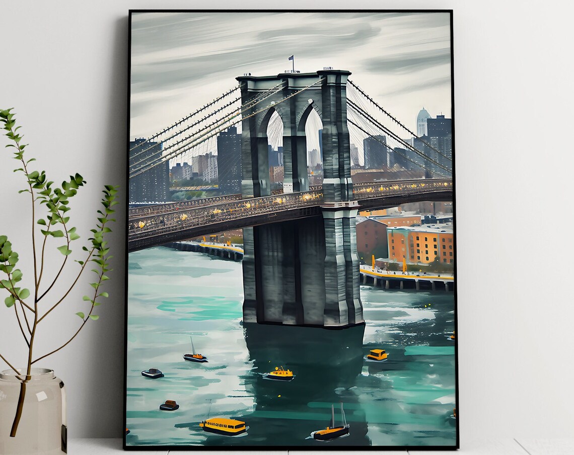 Brooklyn Bridge New York City Painting Boats On The Water Print - Image 3