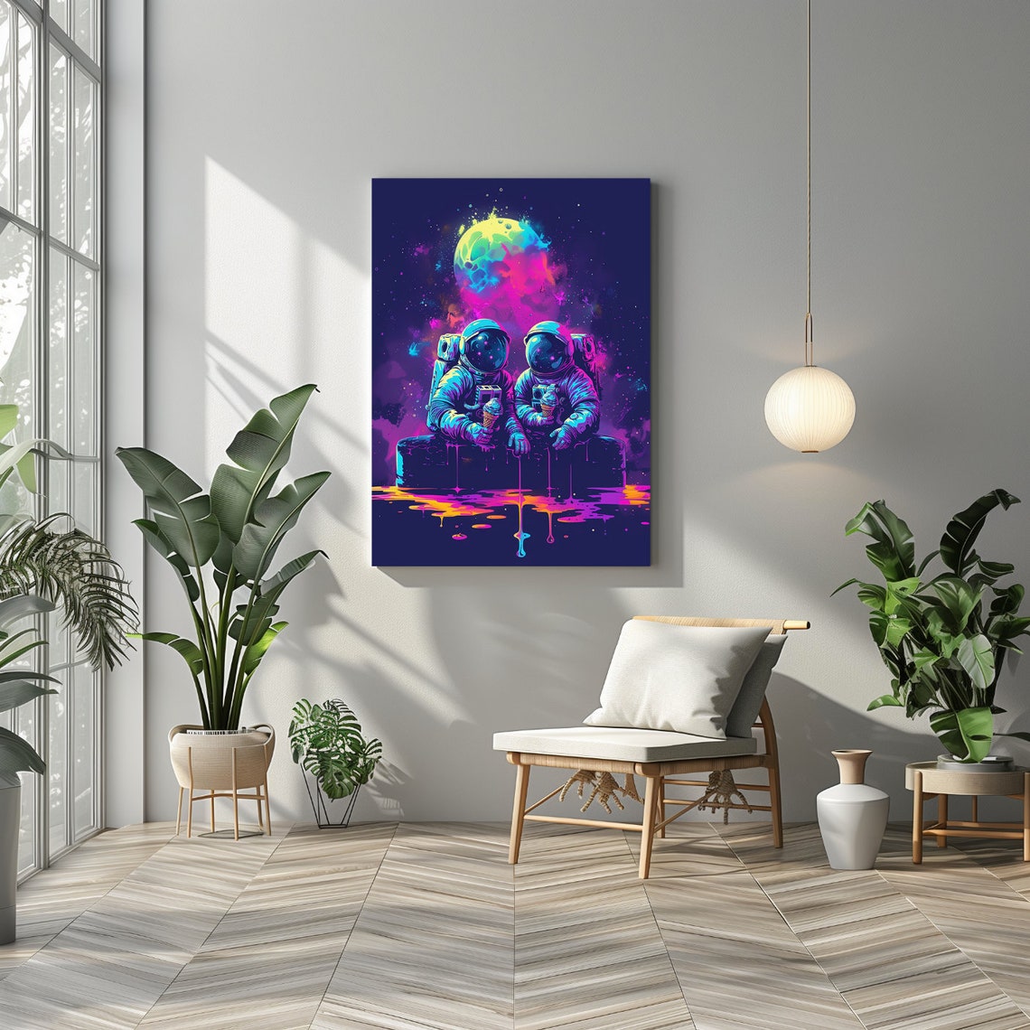 Neon Astronauts Eating Ice Cream In Deep Space Galaxy Poster