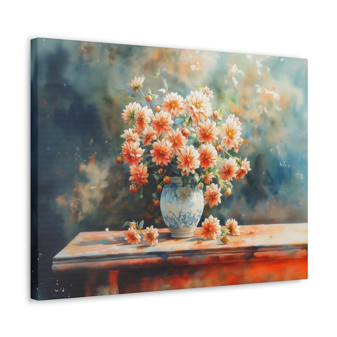 Peach Dahlias in Blue Vase Dark Moody Watercolor Floral Poster - Image 3