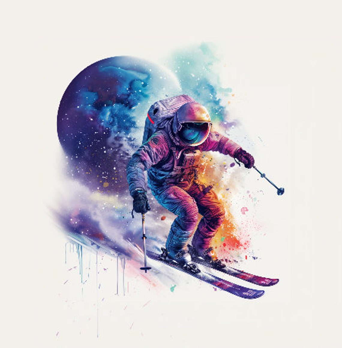 Astronaut Skiing Past A Planet In Watercolor Space Style Poster - Image 2