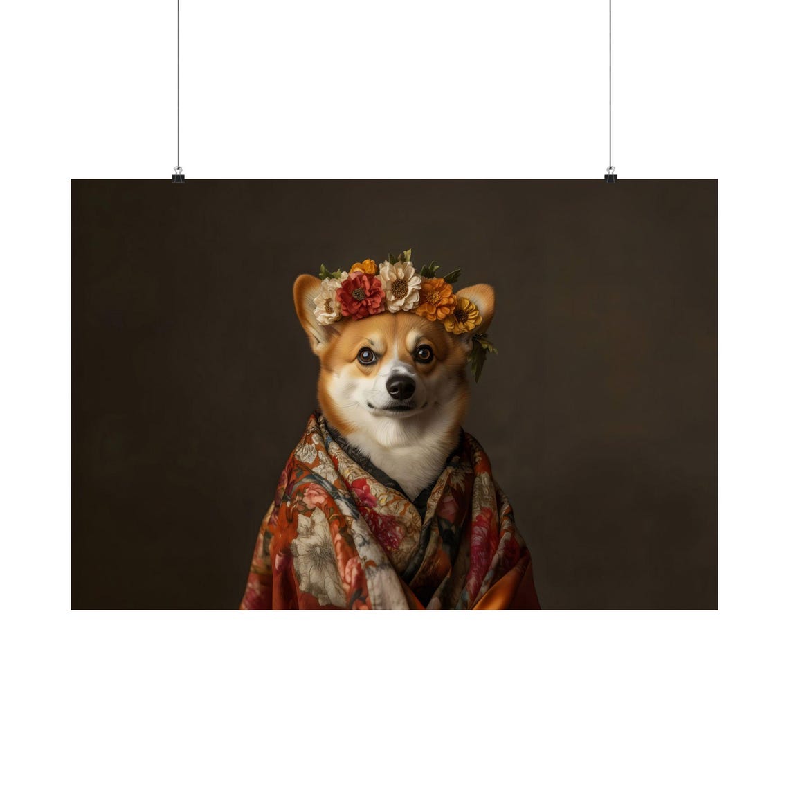 Happy Corgi Orange Kimono Flower Crown Dog Portrait Wall Art - Image 3