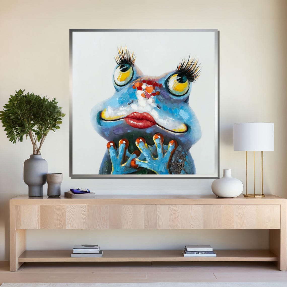 Whimsical Blue Frog with Red Lips Funny Animal Poster for Bathroom - Image 4