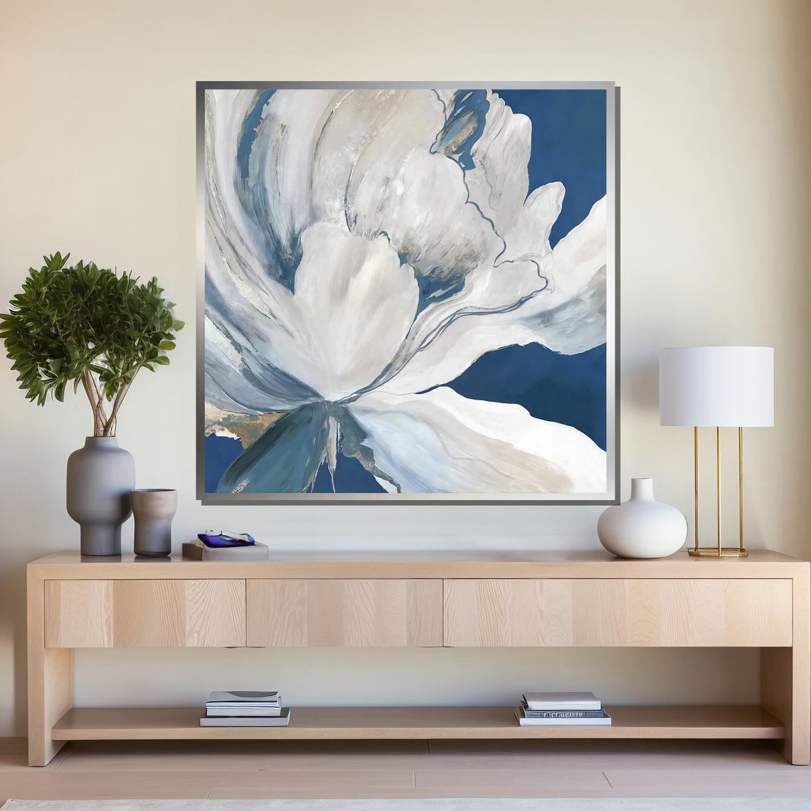 White Abstract Flower Against Deep Blue Modern Floral Art Poster - Image 4