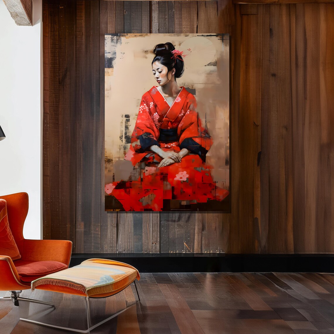 Seated Geisha In Red Kimono Soft Neutral Painterly Portrait Poster - Image 2