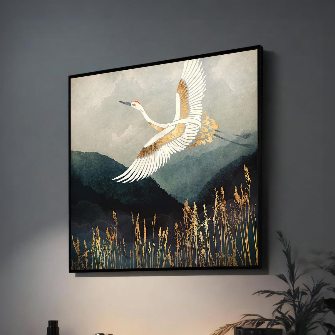 Majestic Crane in Flight Over Misty Mountains Poster for Zen Decor