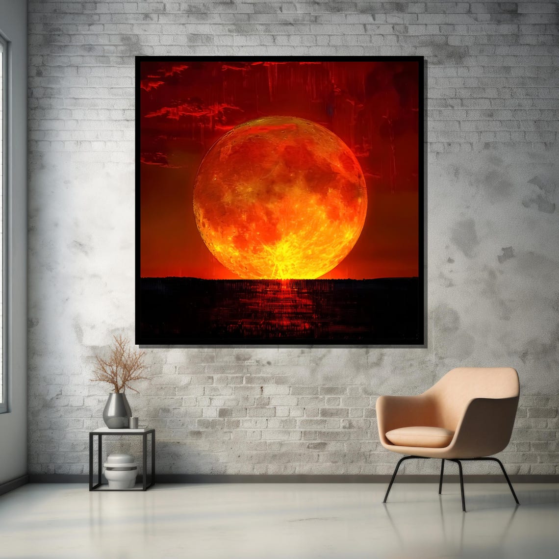 Giant Fiery Orange Full Moon Rising Over Dark Water Art Poster - Image 5
