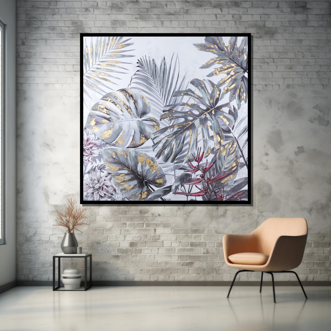 Gray Monstera and Palm Leaves With Gold Accents Botanical Art Poster - Image 5