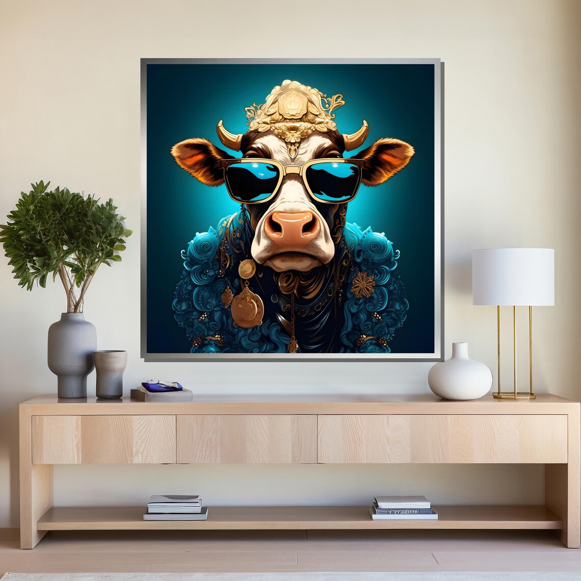 Funky Cow in Sunglasses Cool Animal Portrait Poster for Living Room - Image 4