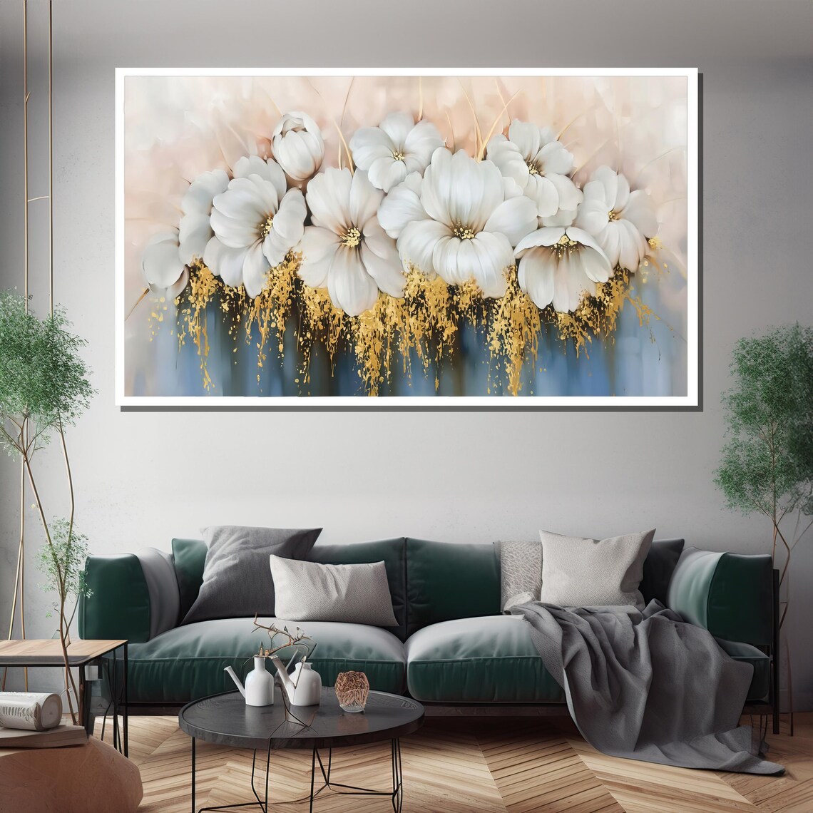 Elegant White Flower Wall Art With Gold Accents Luxury Modern Home Decor - Image 3