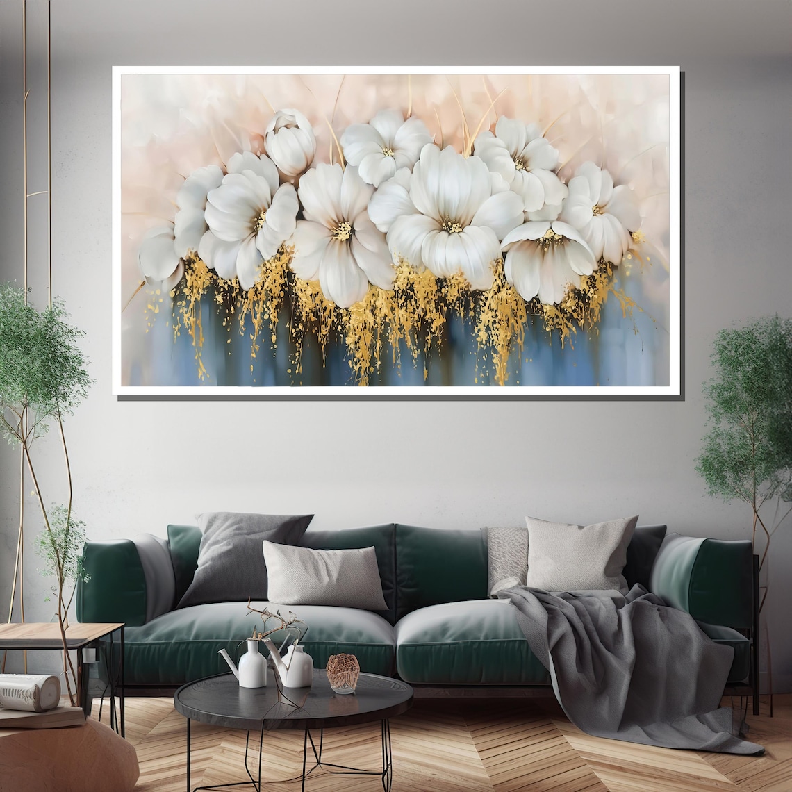 Panoramic White Blossom Row With Golden Splatter Floral Poster - Image 3