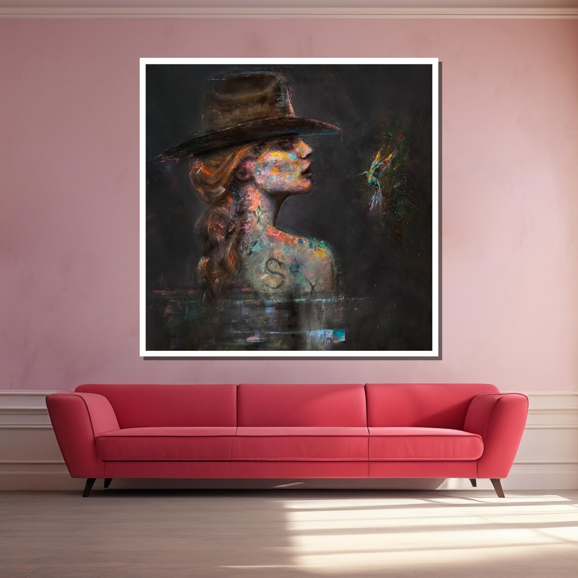 Woman in Wide-Brim Hat With Hummingbird Moody Abstract Portrait Poster - Image 3