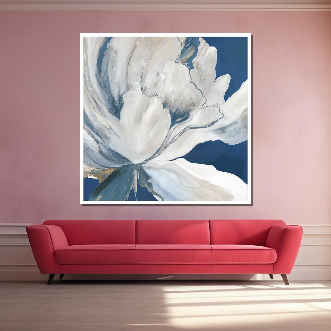 White Abstract Flower Against Deep Blue Modern Floral Art Poster - Image 3
