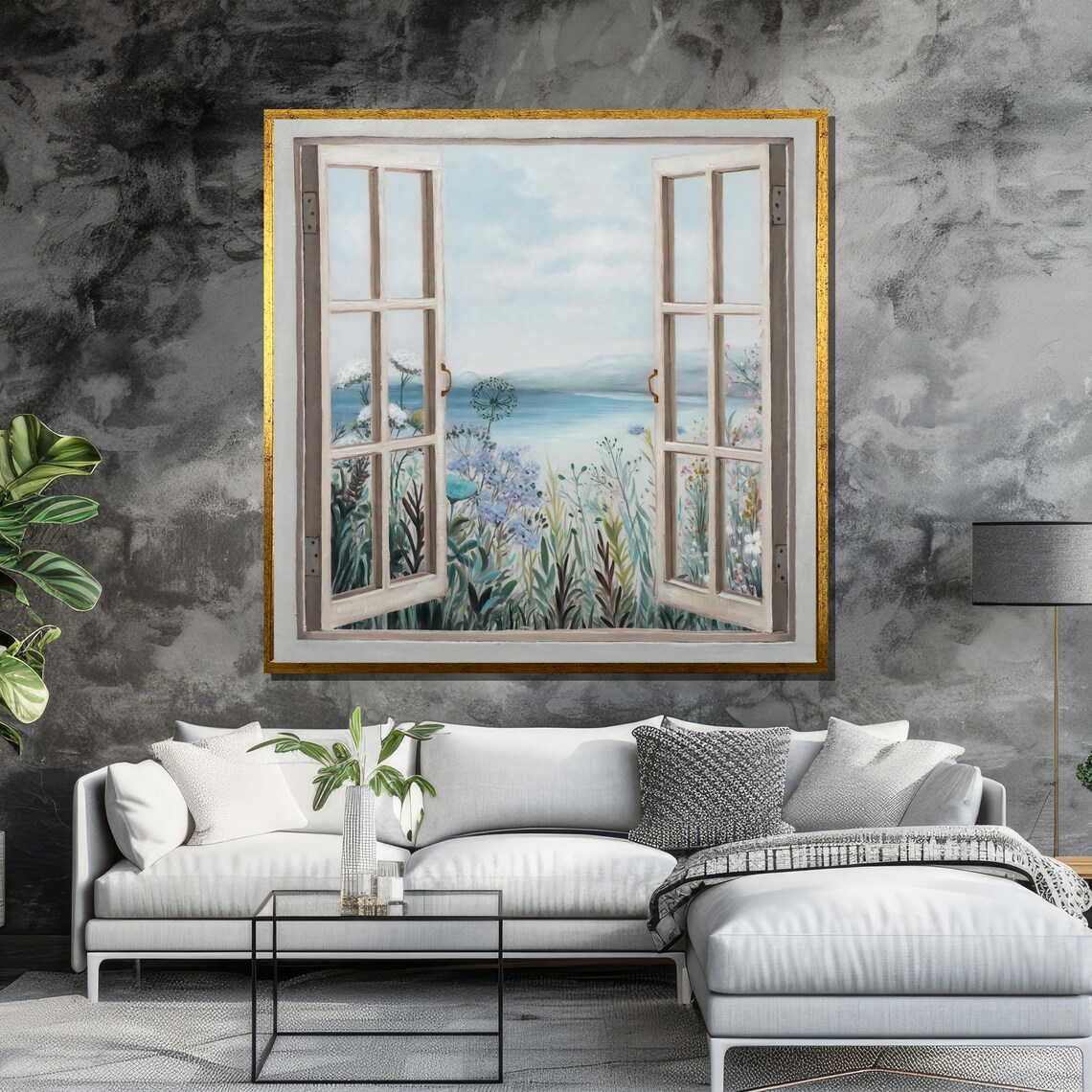Open Window View of Coastal Wildflowers and Calm Sea Landscape Poster - Image 6