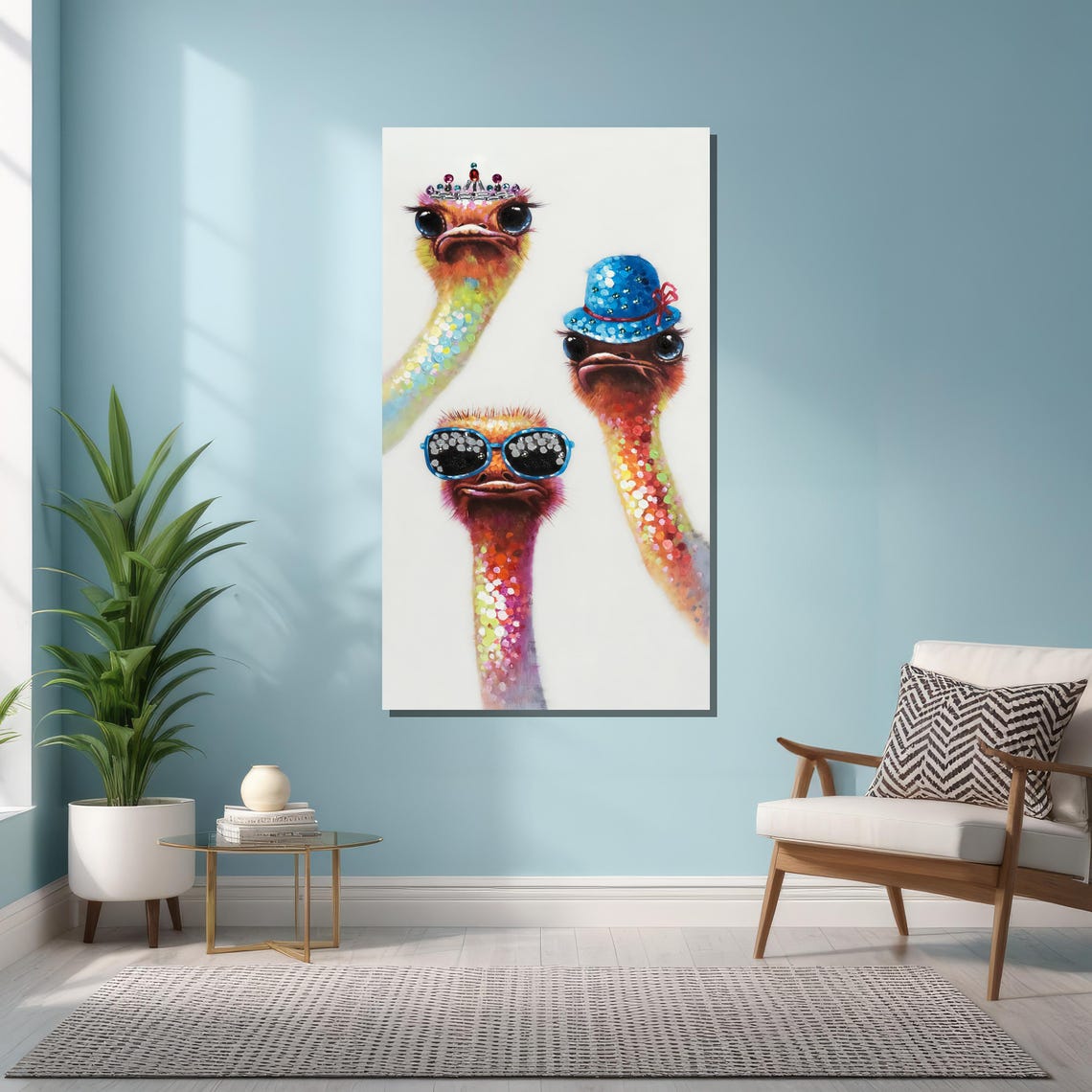 Three Funny Ostriches With Hats Colorful Whimsical Animal Poster - Image 3